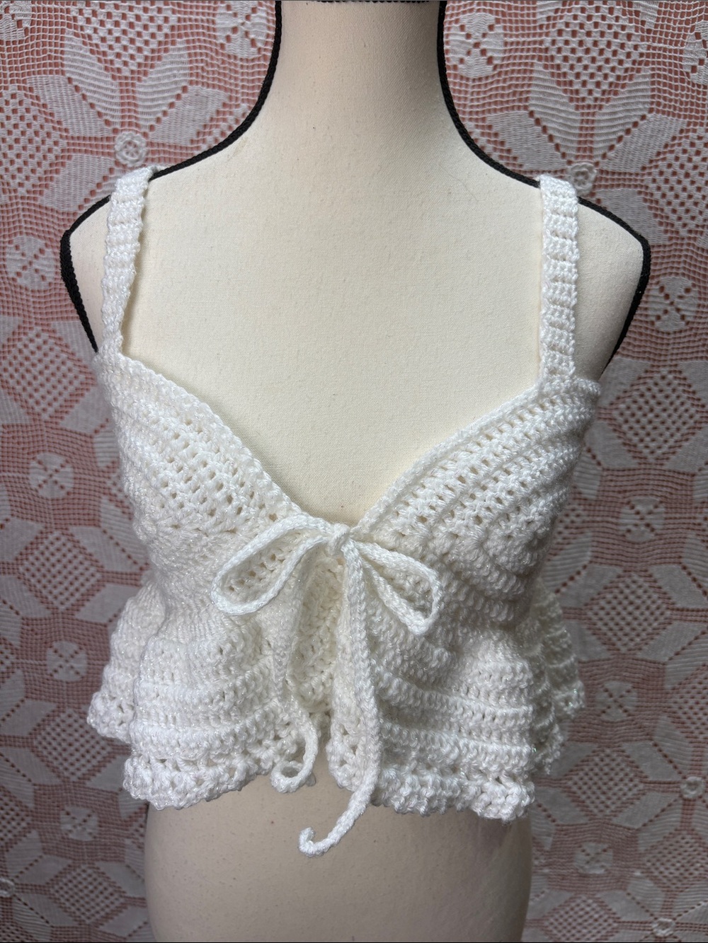 Handmade White Crochet Tie-Front Crop Top Sz XS-M